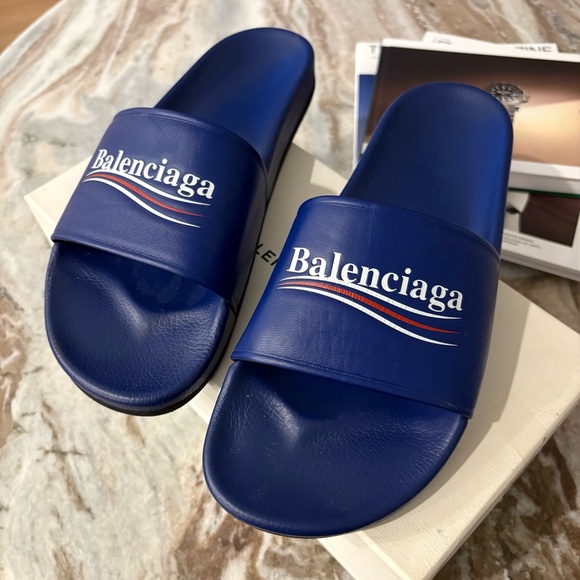 SALE‼️Balenciaga Royal Blue Logo Slides - Picture 1 of 6